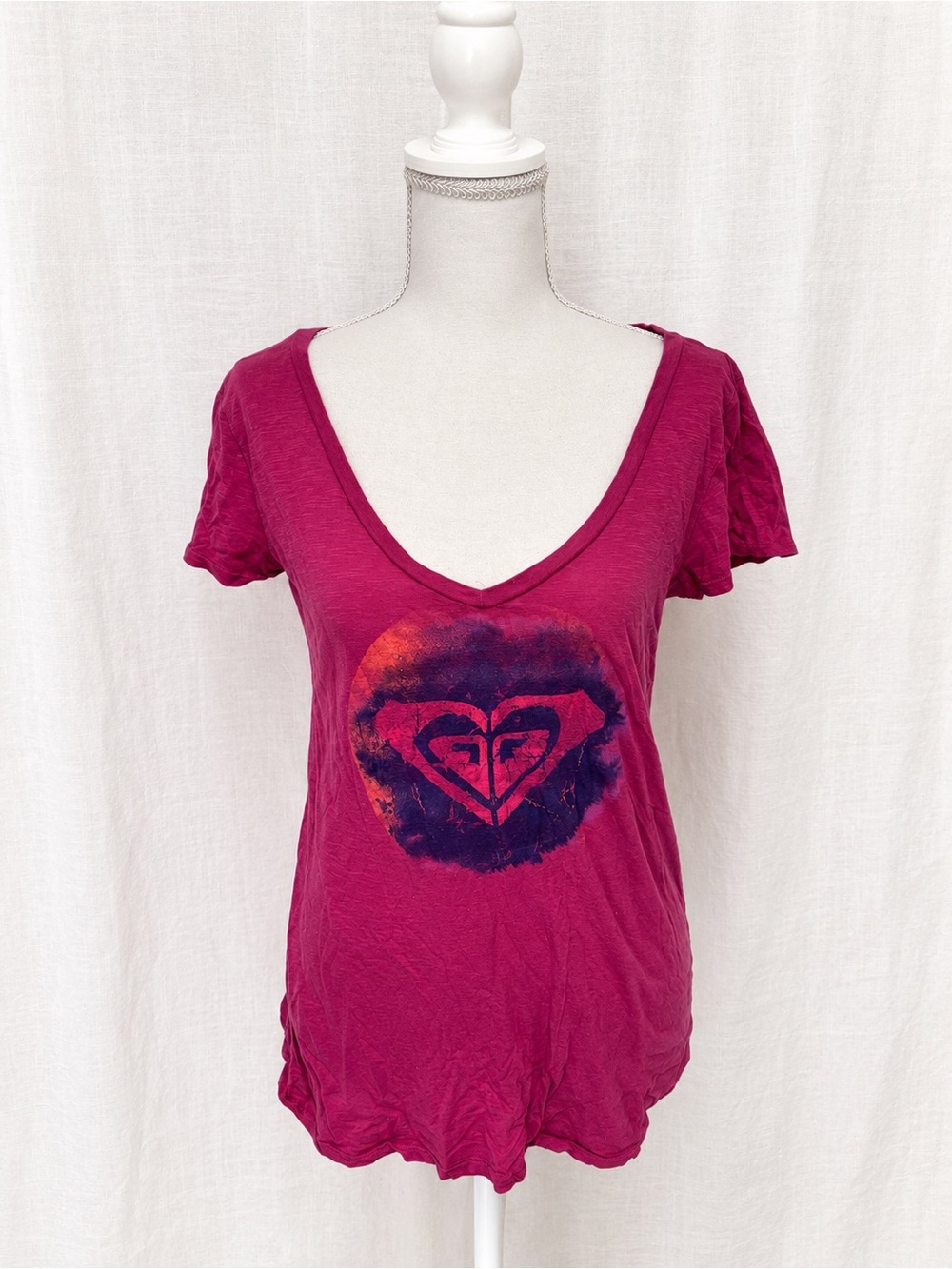 Roxy Women's Deep Magenta V-Neck y2K Graphic Tee with Navy & Orange Logo